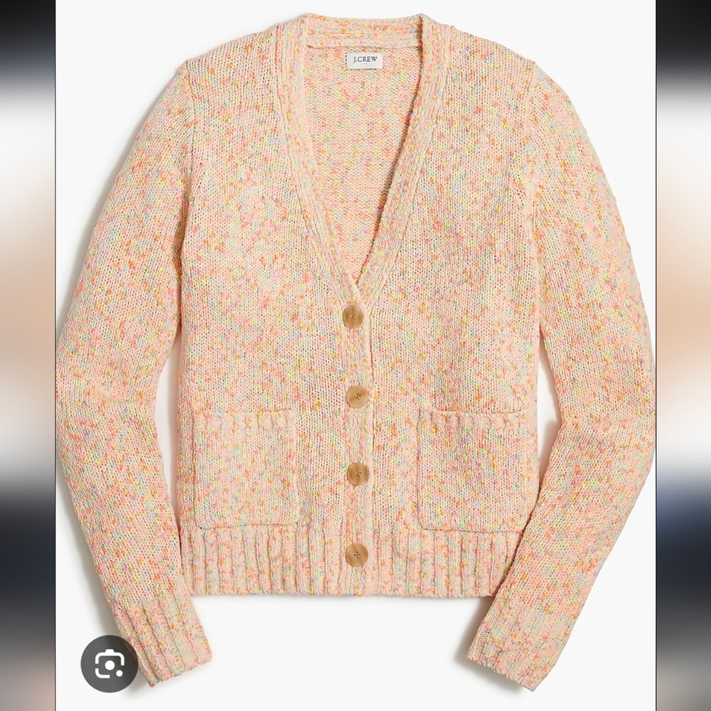 J Crew Button Front V-Neck Cardigan sz S Rainbow Beach Coastal Colorful Artsy